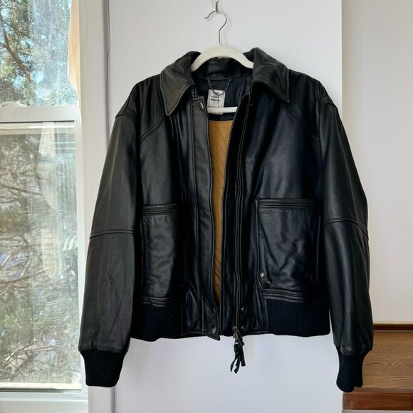New Free People We The Free Leather Bomber Jacket Coat Collared in Black - Picture 1 of 10